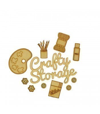 Laser Cut 3mm 'Crafty Storage' Wording With Crafting Themed Shapes To Fit Our Treat Boxes 